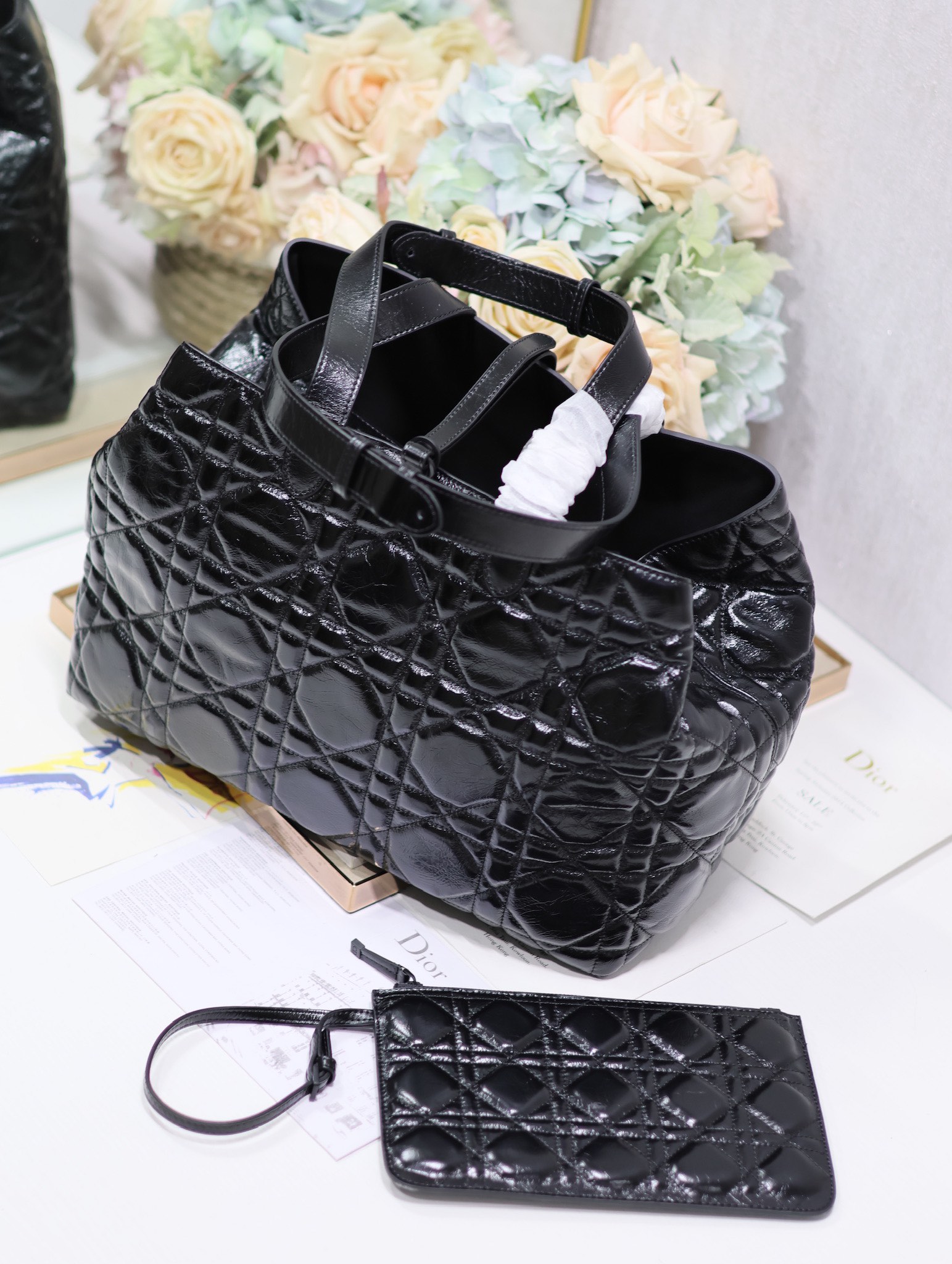 Large Dior Toujours Bag Black Macrocannage Crinkled Calfskin